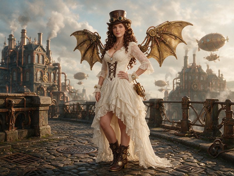 Steampunk woman with mechanical brass wings and top hat stands on a cobblestone bridge overlooking a fantasy industrial ai...