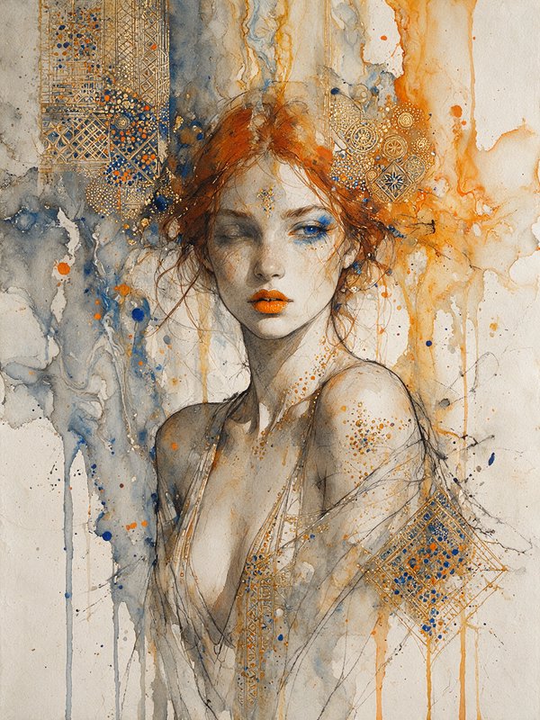 Ethereal watercolor portrait of a red-haired woman, accented with ornate gold details against a blue and orange ink wash b...