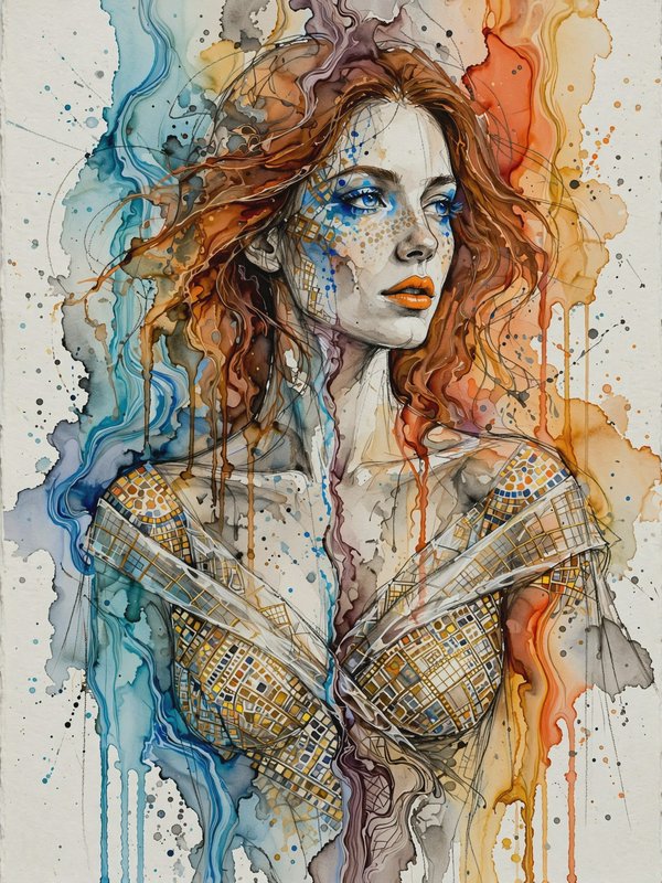 [Watercolor portrait of red-haired woman with mosaic detailing, vibrant dripping blue and orange ink wash accents]