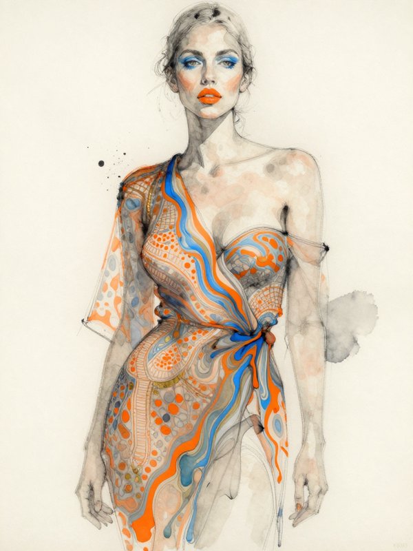 Watercolor fashion illustration of a woman in a swirling patterned asymmetrical wrap dress with bold blue and orange makeup