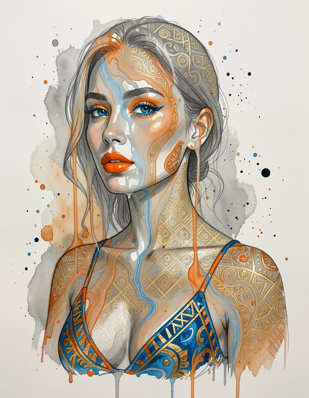 Watercolor female portrait with metallic gold geometric patterns, blue orange accents, and expressive paint drip effects.