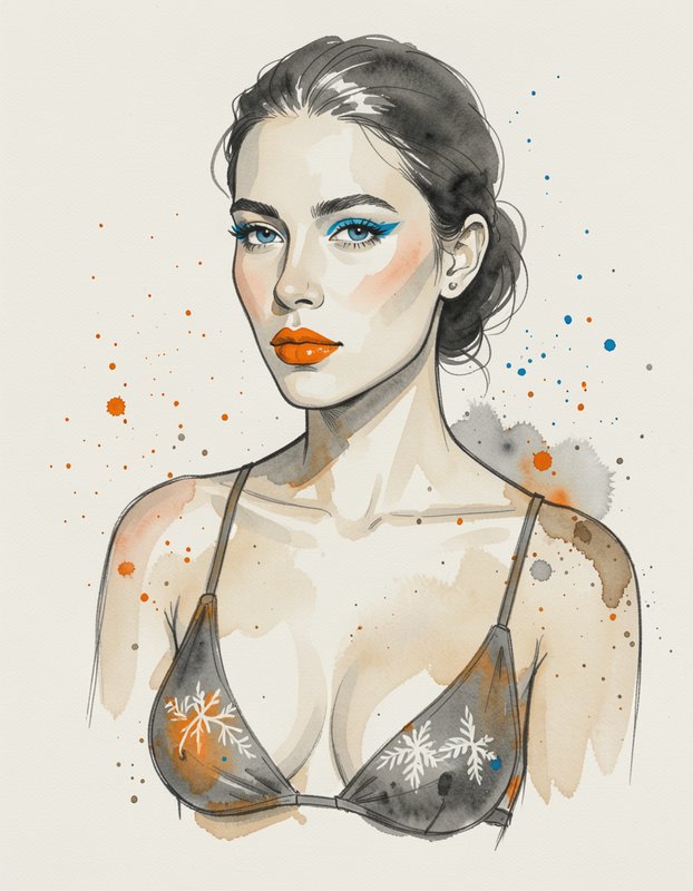 Watercolor fashion portrait of a woman with bold blue and orange makeup wearing a snowflake print bikini, ink splatter acc...
