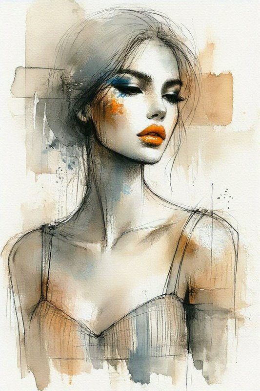Expressive mixed media watercolor fashion portrait of a woman with bold orange lipstick, soft warm neutral wash background