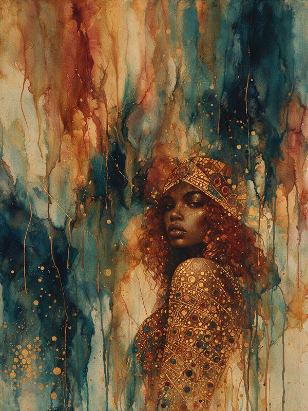 [Regal Black woman with ornate gilded headpiece, abstract watercolor portrait with teal, rust, and metallic gold dripped b...
