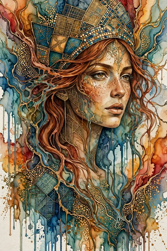 [Intricate watercolor portrait of a mystical red-haired crowned woman with gilded details and fluid paint drip effects]