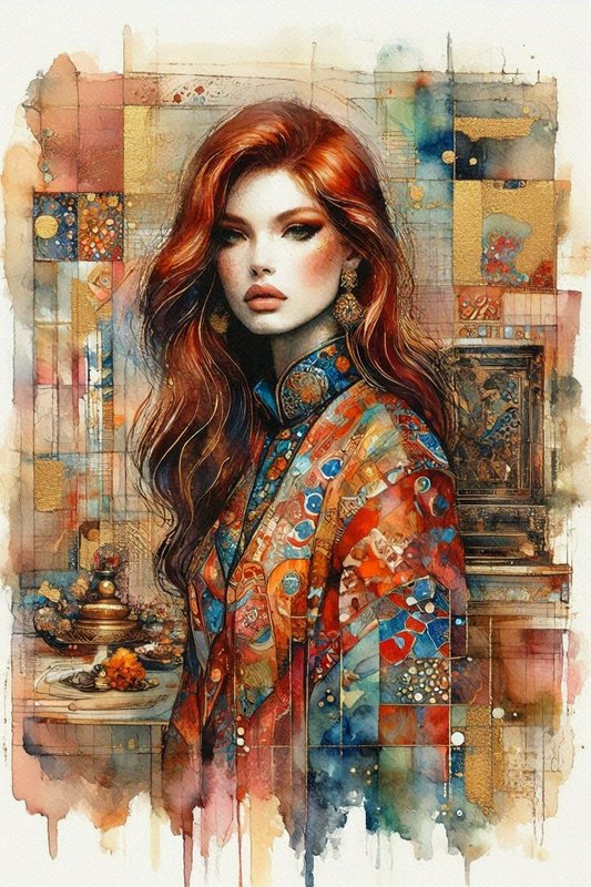 [Mixed media watercolor portrait of elegant woman with long wavy red hair in ornate patterned clothing, patchwork artistic...
