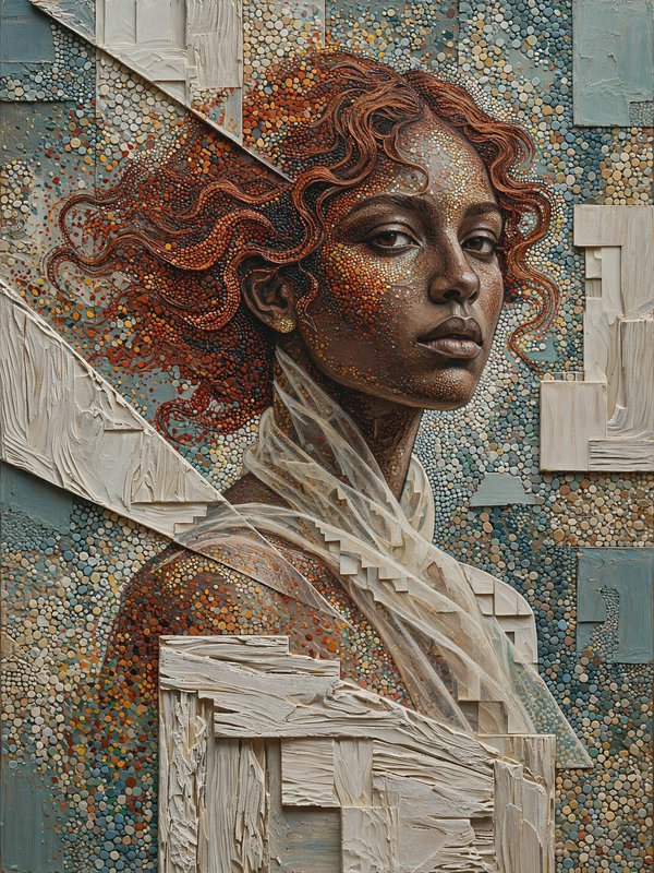 Separate pinpoints of pigment accumulate into optically vibrating passages, while broad carved planes interrupt them with weighty, chalk-dry silhouettes and exposed grain. Compact scale shifts and enamel-flat transitions compress depth without fixing the subject. Edges alternate between clustered stipple and abrupt cuts, transitions remain stepped rather than blended, and restrained value groups hold the surface in poised tension. exotic auburn muse sheer wrap