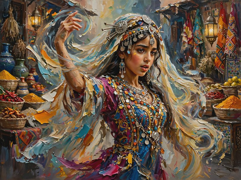 Impressionist impasto painting of a dancing woman in ornate traditional attire, set in a bustling colorful Moroccan