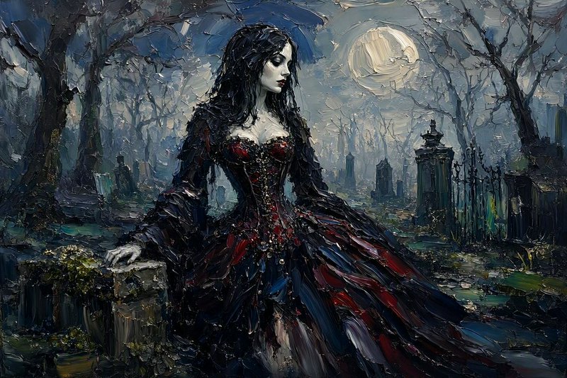Impasto oil painting of a pale gothic woman in a red and black gown standing in a moonlit foggy graveyard