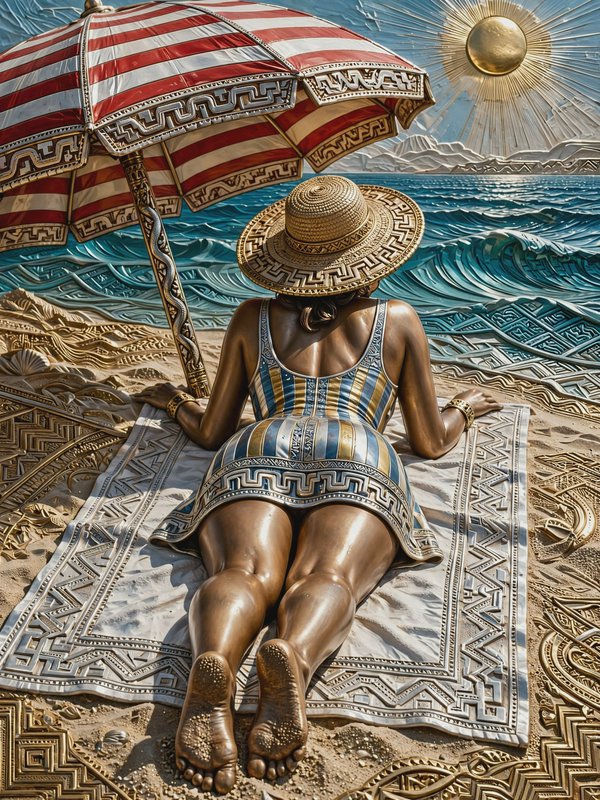Embossed relief artwork of a woman sunbathing on a beach under a striped umbrella, facing stylized geometric ocean waves