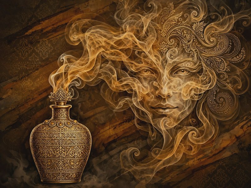 Atmospheric layering creates soft diffused forms through layered transparent glazes, and ornamental patterning produces repeating surface patterns via flat color fields and linear detail. The fusion manifests as blended atmospheric volumes meeting ornate decoration, transforming any subject through soft merging and crisp outlining. swirling amber smoke rises from ornate gold bottle and forms a exotic muse face, looking at you, beside the bottle, against an abstract streaked dark amber background