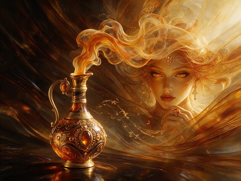 Intricate gilded amber magic pitcher releases swirling golden smoke that forms a luminous ethereal female genie spirit