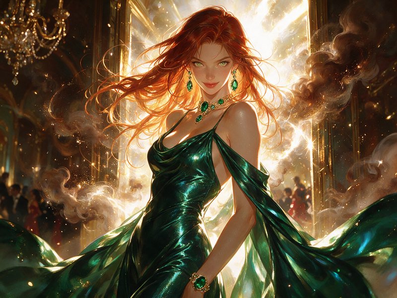 Confident red-haired woman in a shimmering emerald gown with matching jewelry stands in a glowing opulent ballroom