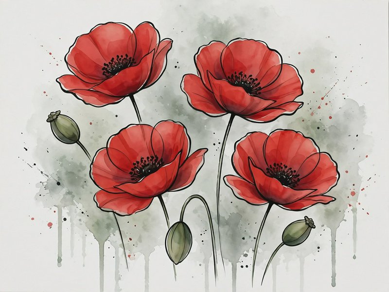 Watercolor ink illustration of four bright red poppies with green seed pods against a soft splattered muted background.