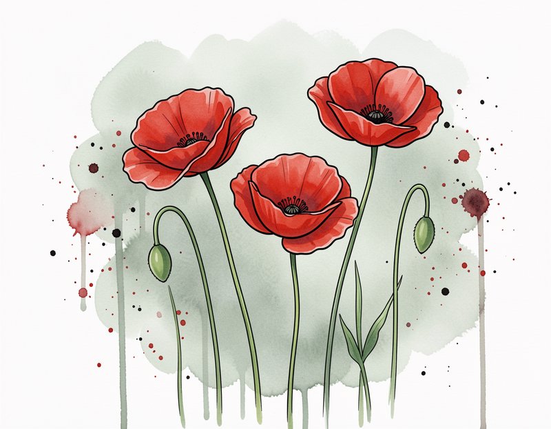 Watercolor line art illustration of three open red poppy flowers with unopened buds on a soft sage splash background.