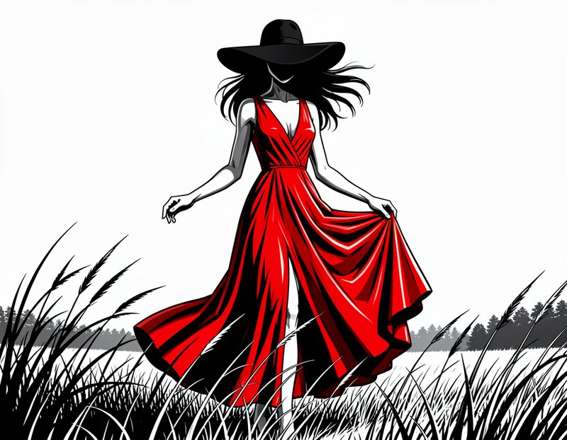 Bold graphic illustration of a faceless woman in a wide black hat and flowing red dress standing in windswept tall grass.