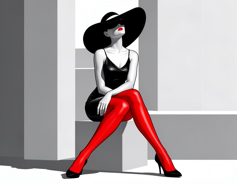 Stylized fashion illustration of a seated elegant woman in a wide black hat, black slip dress, and bold red tights