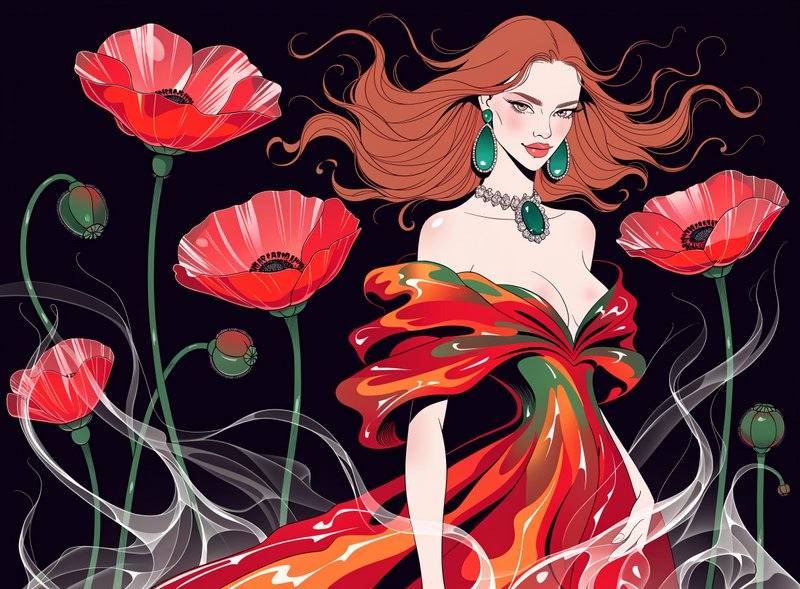 [Glamorous illustrated red-haired woman in a poppy themed gown surrounded by large red poppies on a dark black background]