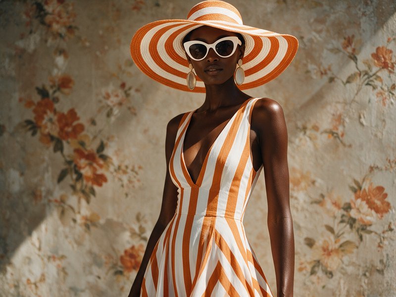 Elegant Black model wears matching orange-and-white striped summer hat, dress, retro cat-eye sunglasses against a vintage ...