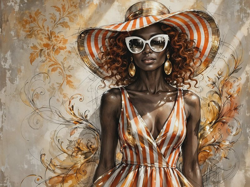 [Artistic fashion portrait of a stylish Black woman in a striped sun hat, cat-eye sunglasses, and matching summer dress]