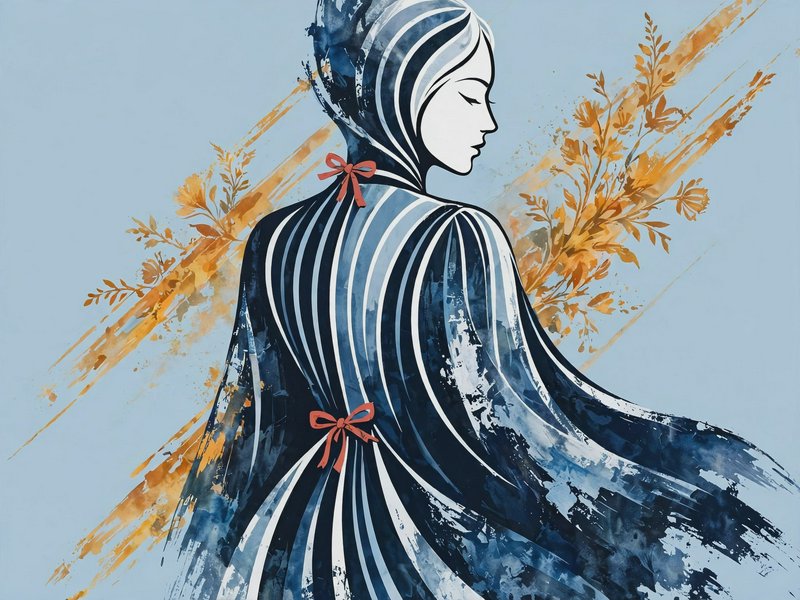 [Stylized profile illustration of a hooded woman in a striped cloak, with red bows and golden botanical accents on a soft ...