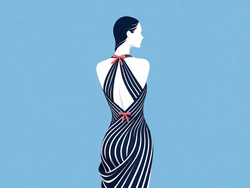 [Flat minimalist illustration of a woman in a backless striped halter gown, viewed from behind, against a pale light blue ...
