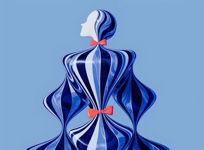 Abstract 3D stylized female figure made of swirling glossy blue ribbon stripes with bright red bow accents, set against a ...