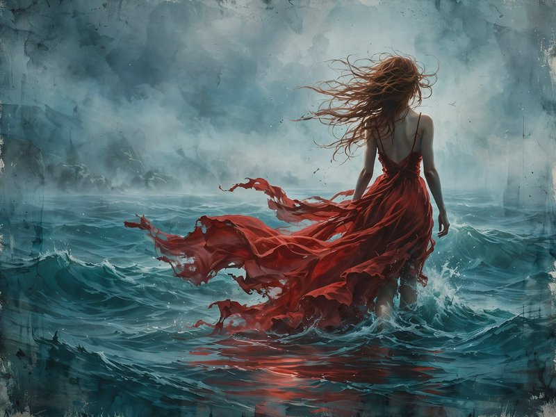 Back view of woman in flowing red gown standing in stormy ocean, wind whipping hair and tattered dress.