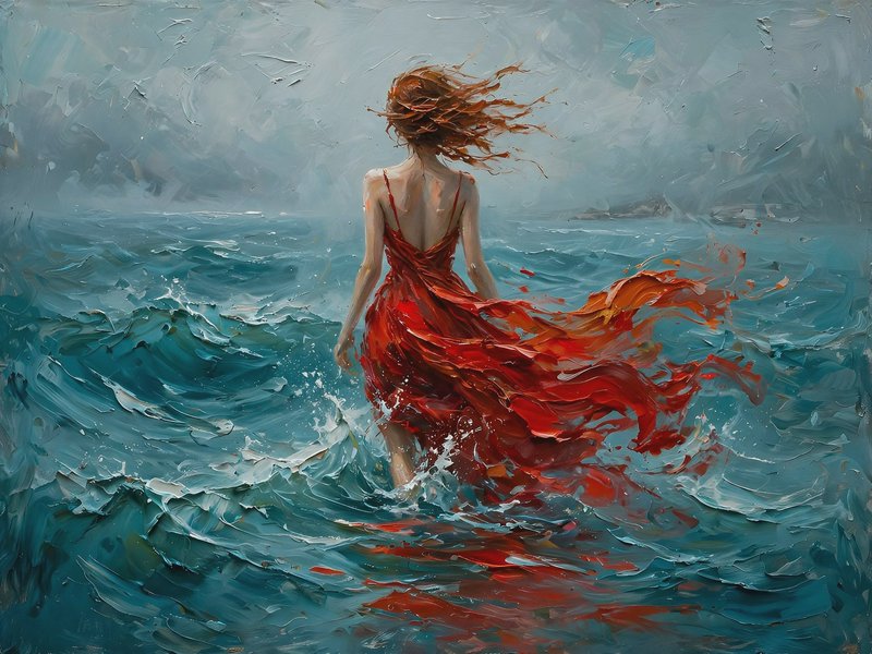 Back view impasto oil painting of a woman in a flowing red dress standing in choppy stormy ocean waves.