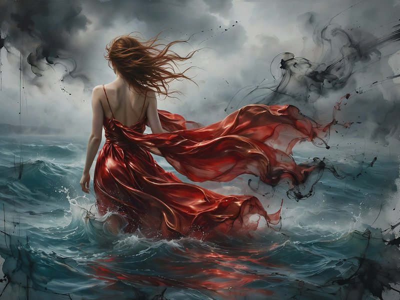 [Back view of woman in billowing red gown standing in churning ocean beneath a stormy ink-wash cloudy sky]