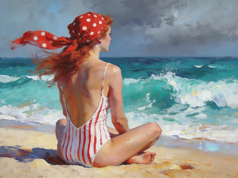 Impressionist oil painting of red-haired woman in polka dot headscarf sitting on a beach facing turquoise ocean waves