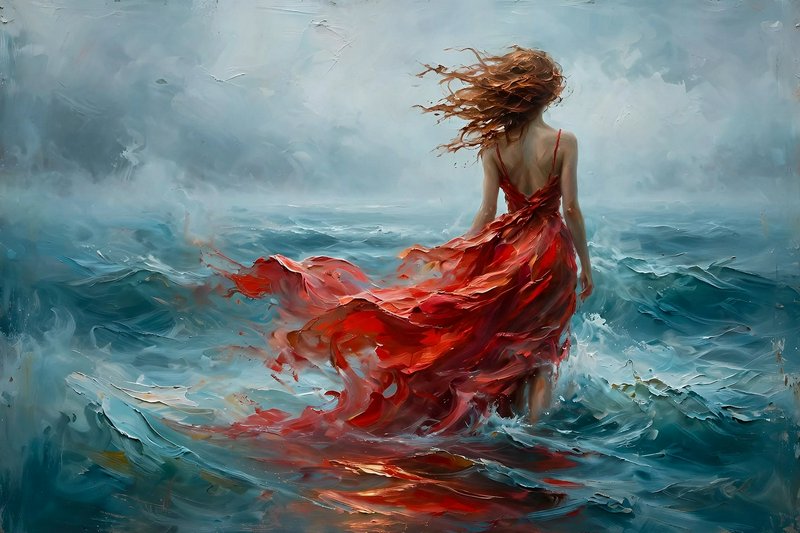 Impasto painting of a woman in a flowing red gown standing in stormy turquoise ocean, wind whipping her hair and dress.