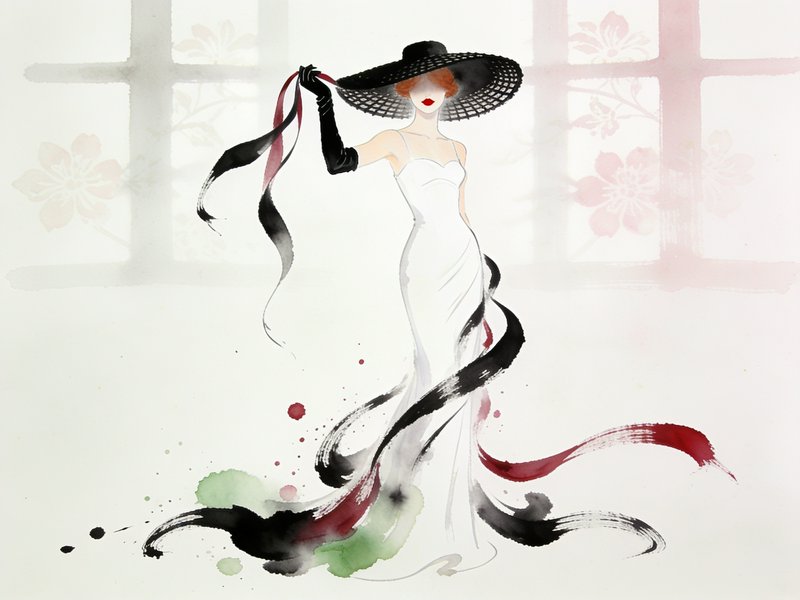 Watercolor fashion illustration of elegant vintage woman in a white gown, wide black hat, holding swirling flowing ribbons