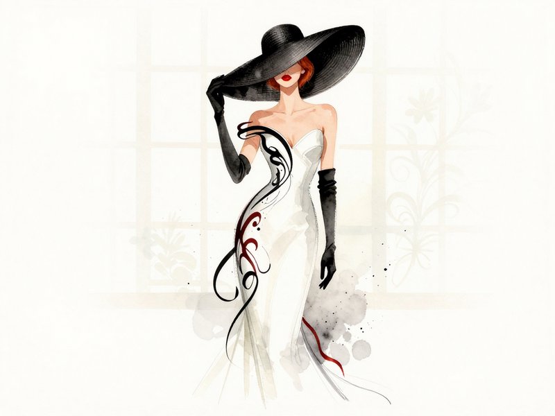 [Watercolor fashion illustration of elegant woman in wide black hat, long opera gloves, and decorative white evening gown]