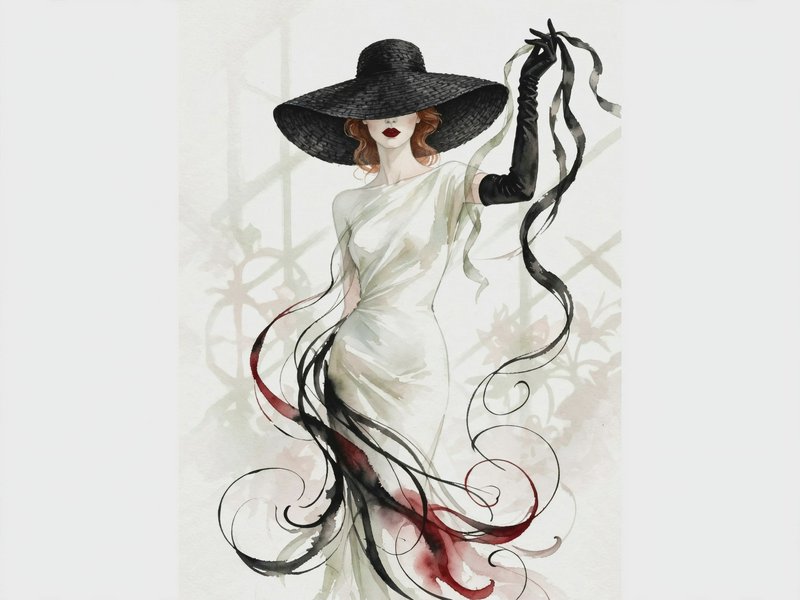 [Watercolor fashion illustration of elegant vintage woman in wide black hat, long gloves, and flowing white gown with swir...