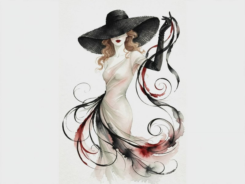 Watercolor fashion illustration of elegant vintage woman in large black wide-brim hat and flowing gown