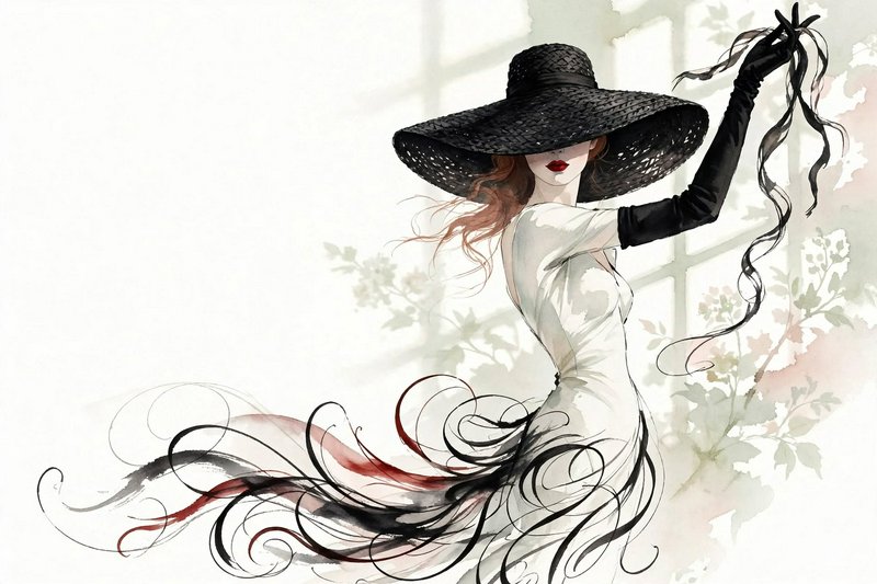 Watercolor fashion illustration of elegant woman in wide black hat, long gloves, flowing white gown