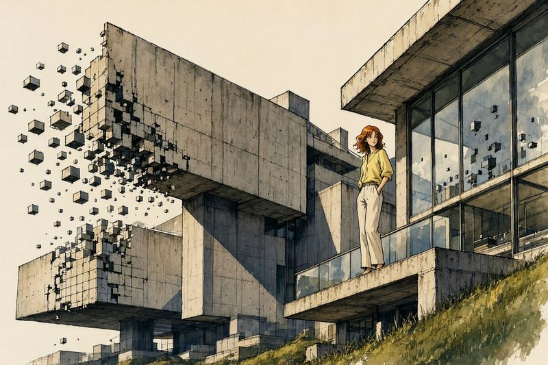 [Anime style illustration of a woman on a brutalist balcony, as the building dissolves into floating geometric cubes]