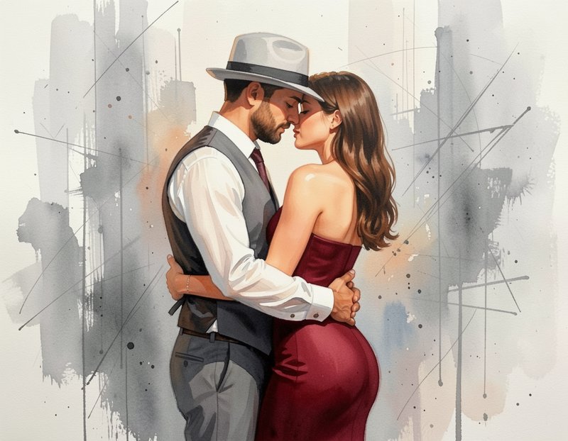 [Watercolor illustration of elegant romantic couple embracing tenderly, foreheads touching, against abstract muted city sk...