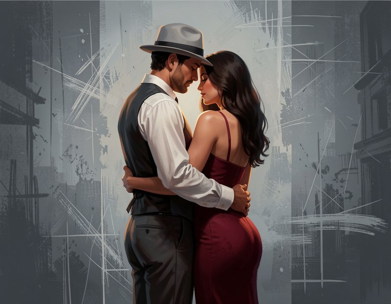 [Intimate vintage noir couple embracing forehead-to-forehead, man in fedora, woman in burgundy gown against textured abstr...