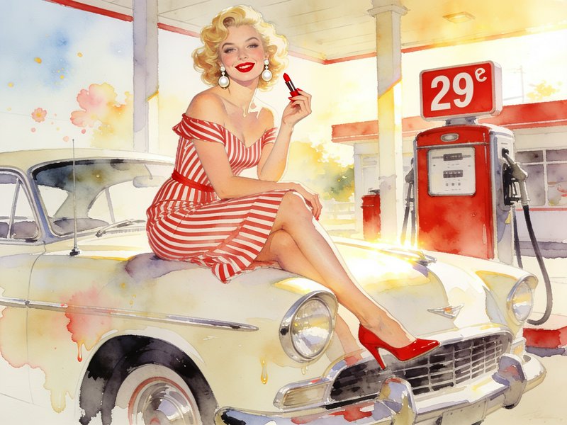 Watercolor retro pinup woman in a striped dress sits on a vintage classic car at a 1950s gas station holding red lipstick.