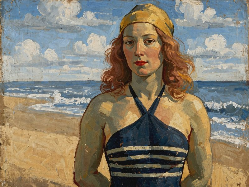 Textured oil portrait of a red-haired woman in a vintage swimsuit and yellow swim cap standing on a sunny beach.