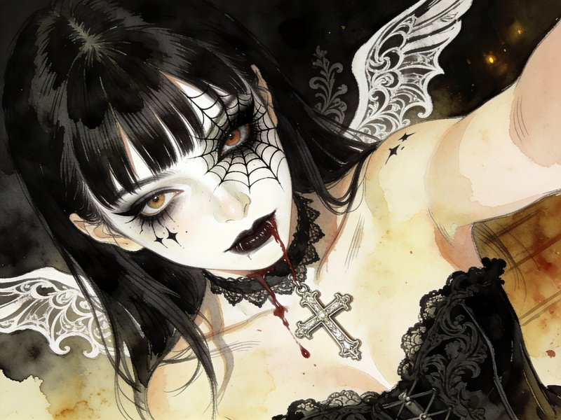Close-up portrait of gothic vampire girl with spiderweb face makeup, cross necklace, and blood dripping from dark lips