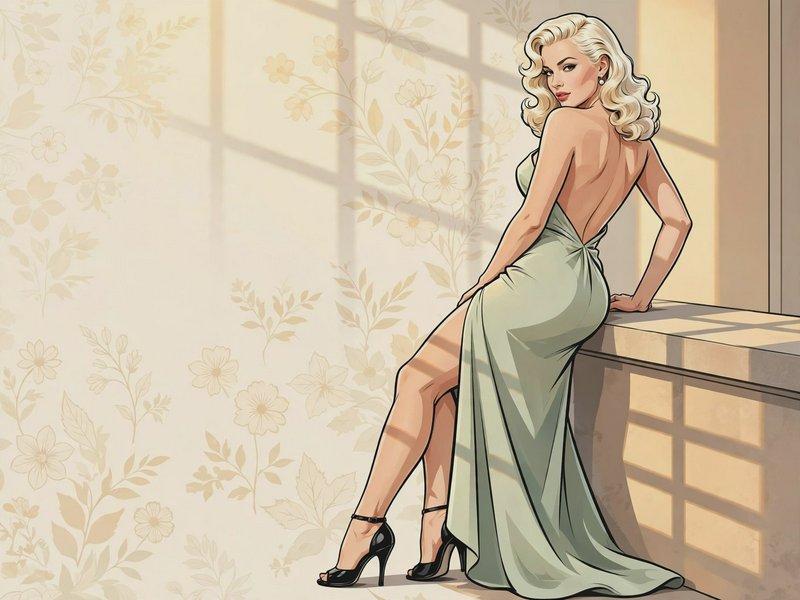 Glamorous illustrated blonde woman in backless sage green gown posing in sunlit vintage floral interior