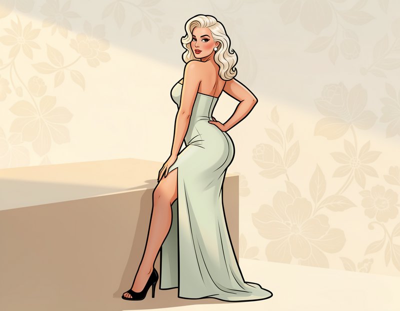 [Retro cartoon of a glamorous platinum blonde woman in a pale green evening gown posing, looking over her shoulder]
