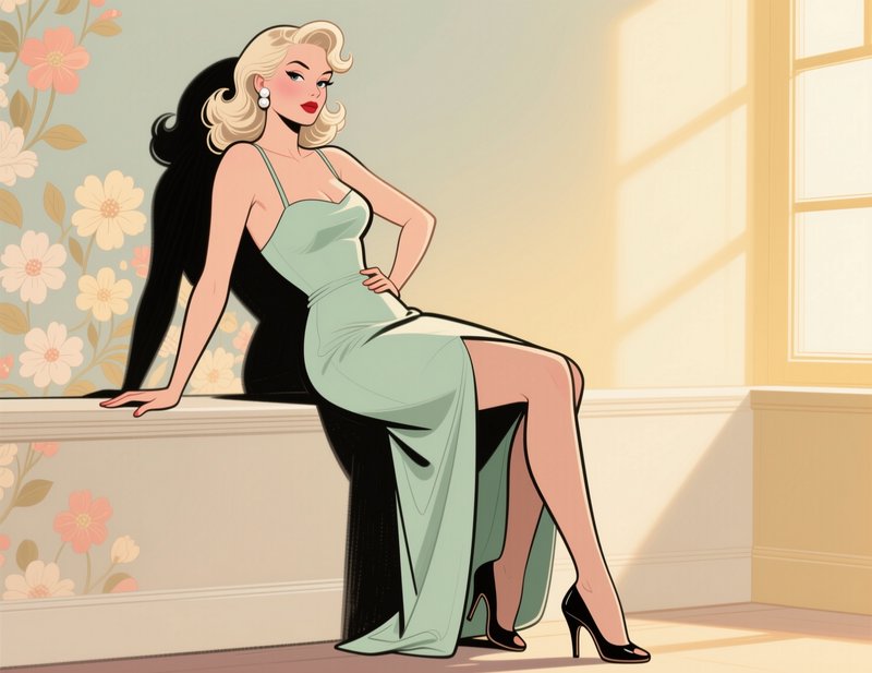 [Glamorous retro pinup woman in a mint green evening gown sits on a sunlit vintage interior windowsill]