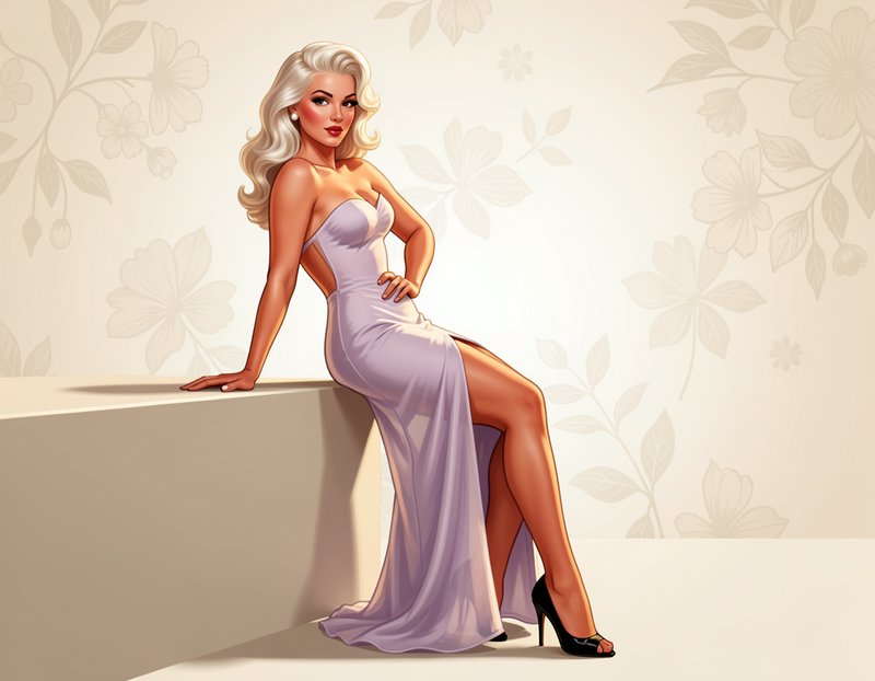 Glamorous retro pinup-style blonde woman in a lavender evening gown posing against a floral wallpaper background
