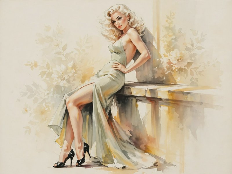 [Watercolor vintage portrait of glamorous blonde pinup woman in a silky evening gown leaning on a sunlit balcony with flor...
