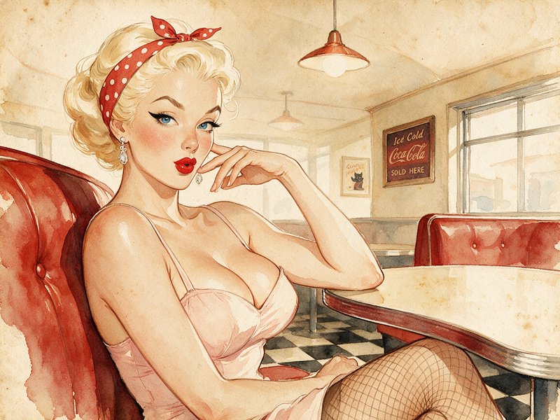 [Retro watercolor pinup of glamorous blonde woman seated in a 1950s style diner booth]
