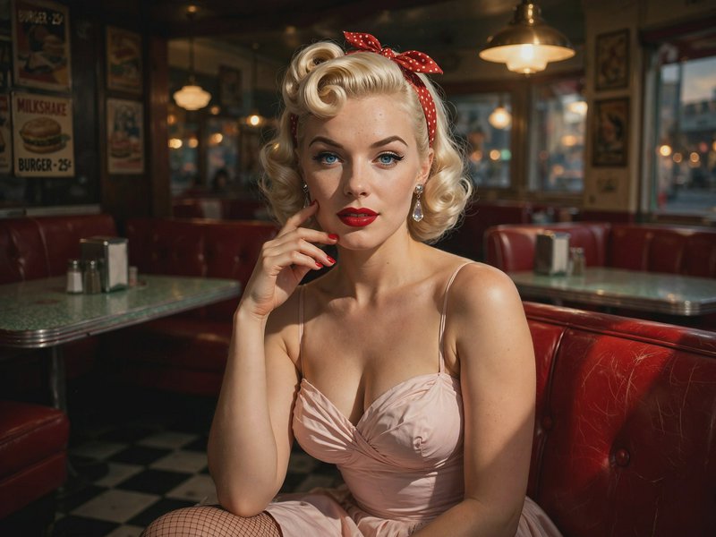 Glamorous 1950s pinup woman with blonde curls and red polka dot bow seated in a vintage retro diner